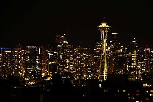 Clouds hang over the skyline in Seattle, Washington.