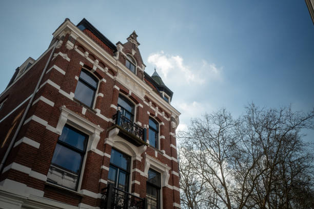 Low angle view of old warehouse in the historical city centre of Leiden, The Netherlands
