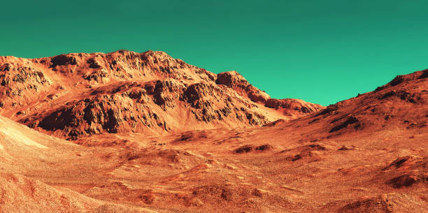 Planet mars illustration, orange red eroded mars surface, science fiction 3D render illustration background.