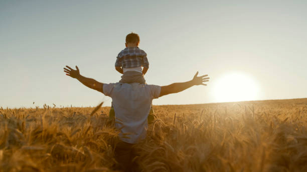 istock Father and Son Enjoying Golden Sunset in Wheat Field 2203933430