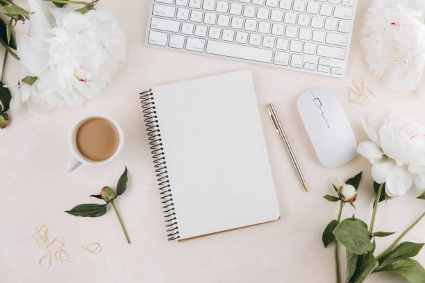 istock Feminine workspace with blank open notepad and cup of coffee milk, keyboard, stylish office writing supplies and on a pastel teble 2203935867