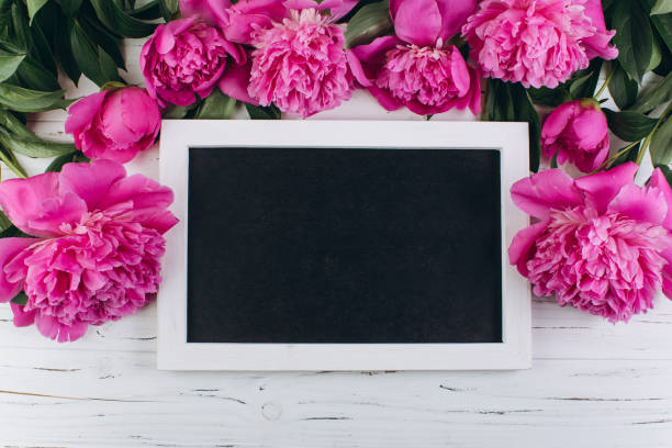 istock Pink peonies around blackboard on a wooden background. Copy space and flat lay. 2203936863