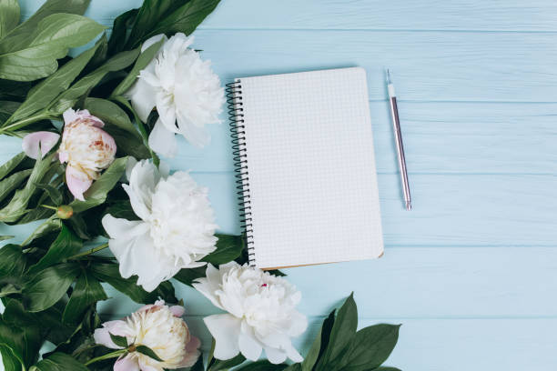 istock Pink and white peonies on a blue wooden background. Copy space and flat lay. 2203936964