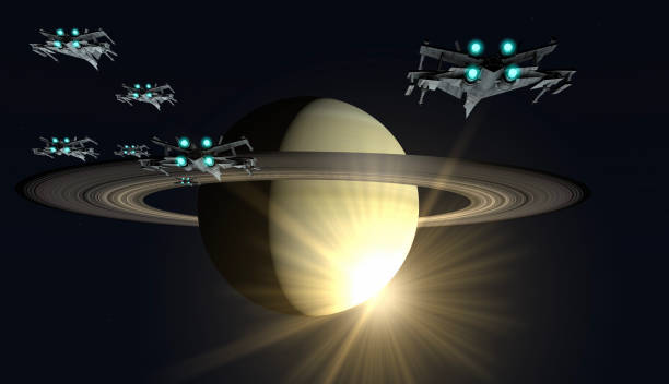 The space fleet traveling to Saturn and its rings at the speed of light witnesses the sunrise in space. / You can see the animation movie of this image from my iStock video portfolio. Video number: 2203200354