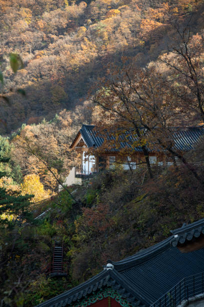 istock Buddhist temple building on the cliff in autumn mountain 2203940505