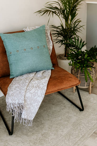 Modern cozy living space with stylish blue accent decor