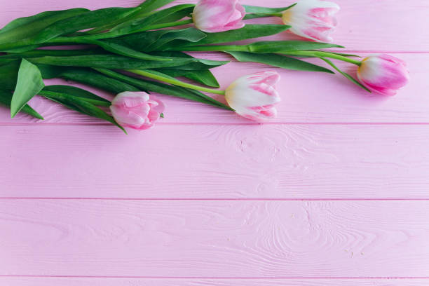 istock Pink tulips on a wooden background.Top view and flat lay. 2203941650