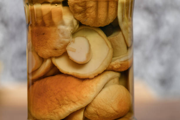 Boletus edulis pickled in vinegar in a jar close-up