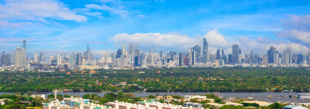 Panoramic view of actively developing area metropolis with large natural island by river in reserve park trees and tropical jungle, residential, industrial and business center, urban modern cityscape
