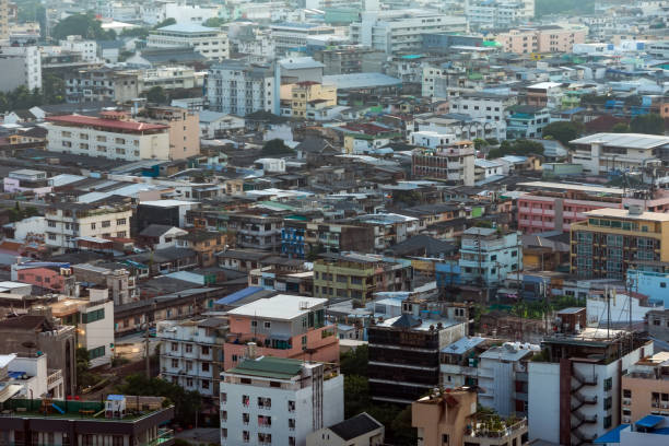 istock Low rise urban development in a developing Asian country aerial view. 2203943093