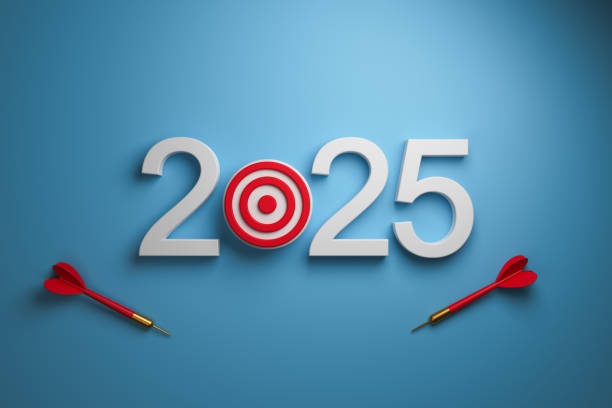 Concept goal 2025. 3D volumetric 2025 with a target and a dart on a blue background top view. 3d rendering.