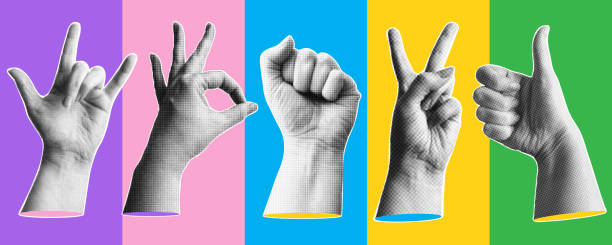 istock Trendy halftone collage hands with various gestures. Hand signs, peace, rock star, fist, like, ok. Modern retro style. Vector illustration. 2203945493