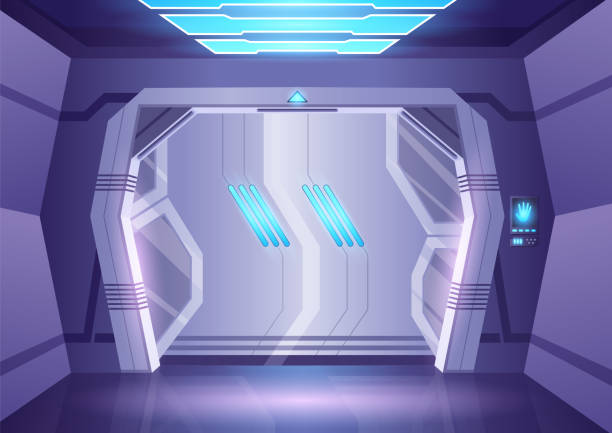 istock Spaceship sliding door or laboratory gate. Closed gate with illuminated entrance frame. Bunker or spacecraft exit concept for games and mobile applications spaceship 2203946276