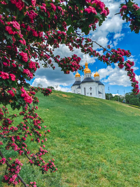 istock Church on a Hill Framed by Blooming Tree 2203948061