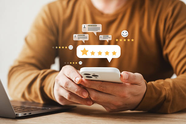 istock Customer satisfaction survey via online application, consumers give five star rating, best service and quality of products or products, excellent business success, best business ranking. 2203951814