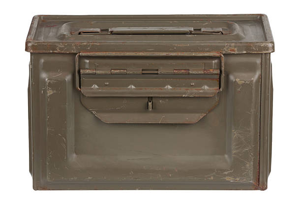 istock US army green metal .50 cal ammo can on white. 2203957844