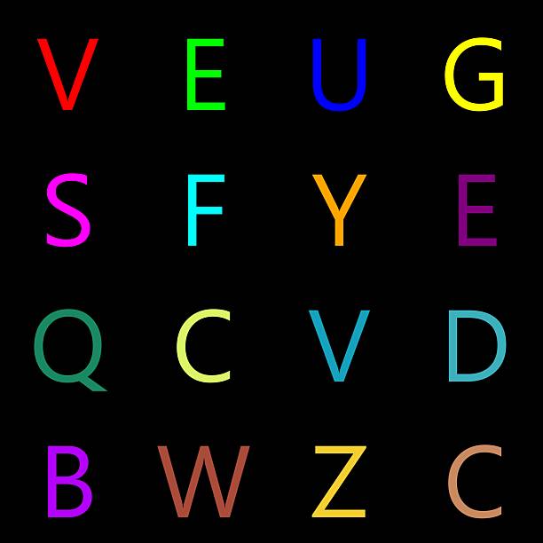 16 uppercase letters arranged in random order with many colors on black ideal as school background on a matrix of 4x4 blocks