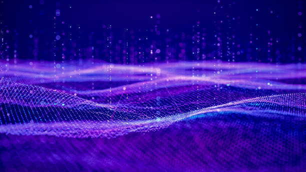 futuristic data stream with glowing particles abstract technology background - roxo imagens e fotografias de stock