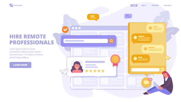 istock Freelance hiring platform – find remote professionals, read reviews, chat with candidates, and hire top talent. Flat design concept with tiny characters for landing page. 2203978473