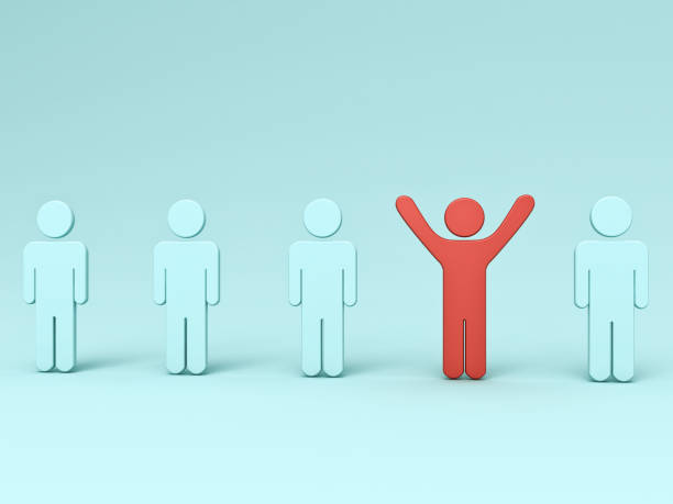 istock Stand out from the crowd and different creative idea concepts One red man standing with arms wide open among blue people on light blue background and shadow business creative idea concept 3D rendering 2203978533
