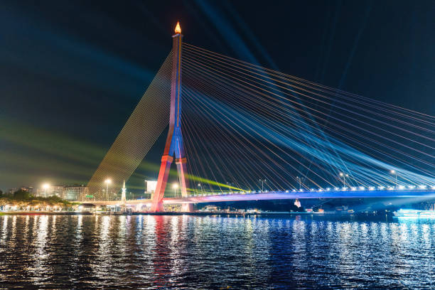 istock Colorful night view of suspension bridge with light up reflection on waterfront 2203983643