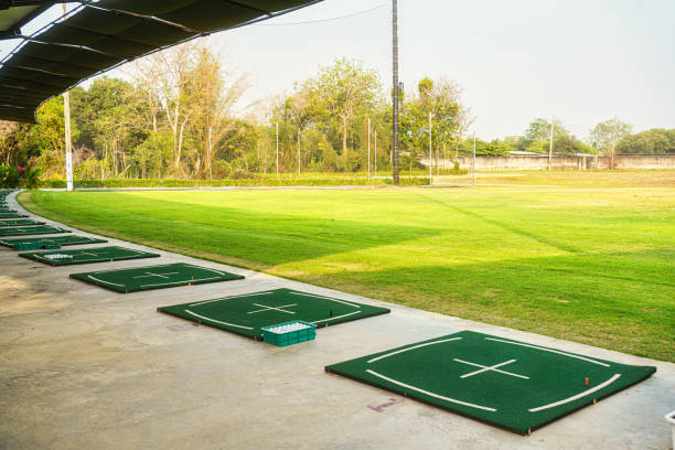 Golf driving range markers and golf balls on a grass field.