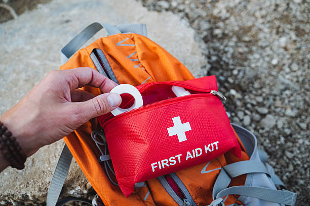 istock A hand is reaching for a compact first aid kit that is stored in an outdoor backpack while surrounded by a beautiful natural setting 2203985267