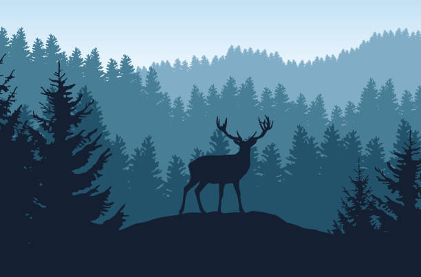 istock Landscape with blue mountains, forest and silhouettes of trees and wild deers - vector illustration 2203989154