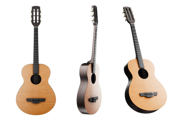 istock Acoustic guitars at different angles isolated on white background. Guitar for poster, music poster design or design. 3d render. 2203992854