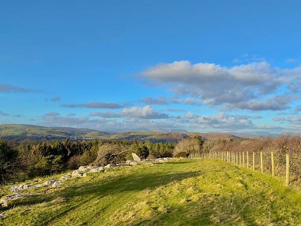 A view of rolling hills and lush countryside under a vast blue sky