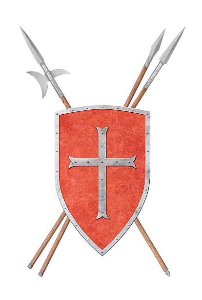 red knight's shield decorated with a cross halberd and two spears isolated on white
