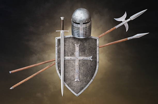 istock set of knight's weapon on abstract dark background 2203993881