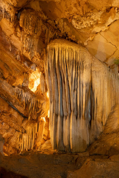 istock Impressive stalactite and stalagmite illuminated by warm light inside Cao Bang cave 2203993945