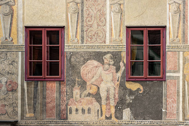 Murals on the walls of the ancient houses of Cibiana di Cadore, a mountain town in the province of Belluno and in the heart of the Dolomites