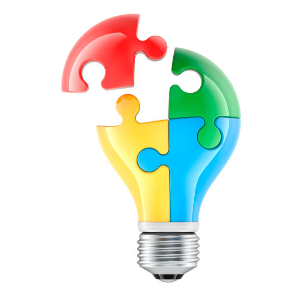 istock Lightbulb from colorful puzzles without one piece. Idea concept, 3D rendering 2203996003
