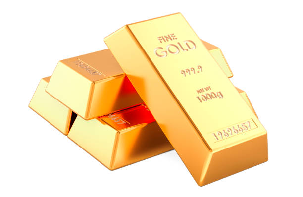 Golden bullions, golden ingots. 3D rendering isolated on white background