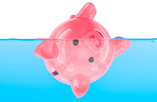 Piggy bank sinking in water. Drowning in debt, concept. 3D rendering isolated on white background