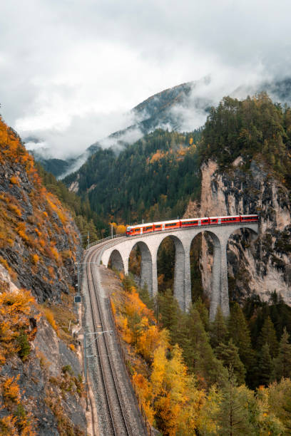 Elevated view of train traveling through forest and mountains across the Landwasser viaduct on a moody day in autumn, Engadine, Graubunden Canton, Swiss Alps