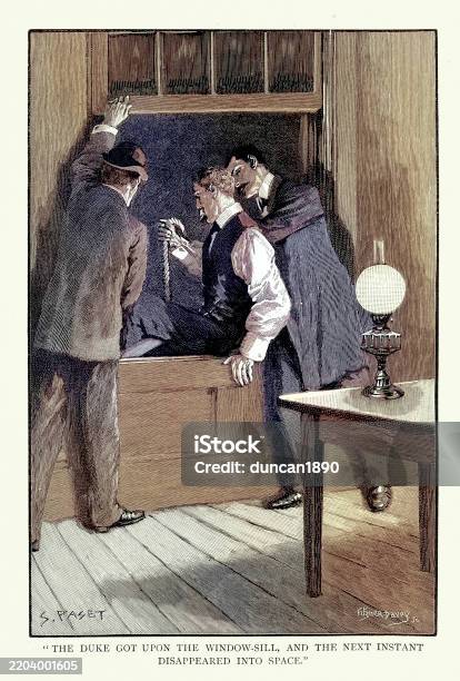 Victorian Hanging Rope Victorian Adventure Story Men Escaping From A Room Climbing Out Window ...