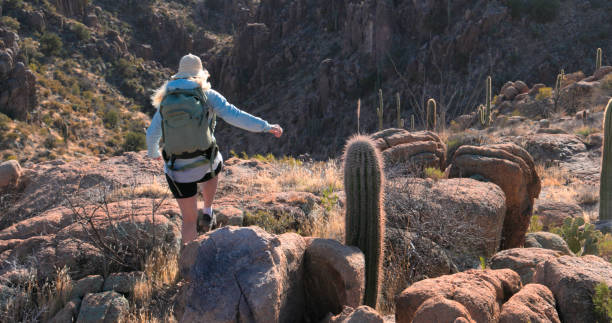 istock Woman hiker explores desert landscape 2204002513