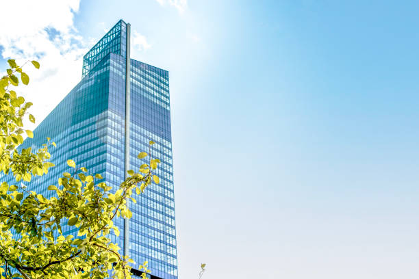 A striking composition of a contemporary glass skyscraper reflecting the sunlight, with fresh green leaves in the foreground. The contrast between nature and urban architecture symbolizes sustainability, eco-friendly urban design, and the coexistence of modern development with the natural environment. The bright sky and soft lighting add a fresh and airy feel, making this image ideal for branding, corporate presentations, real estate marketing, and environmental awareness campaigns.