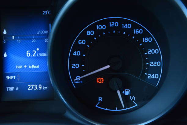 istock Car dashboard showing speed fuel level and trip information 2204024947