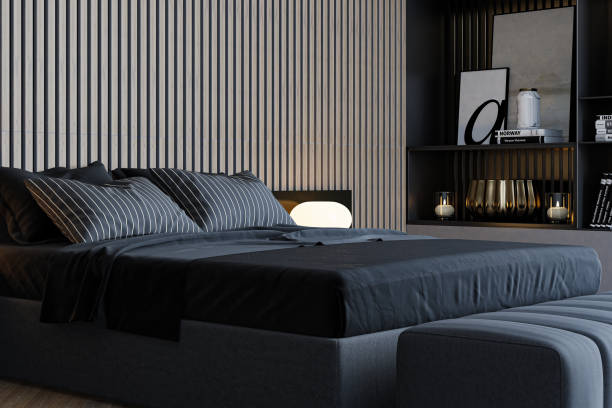 istock Luxurious Black Bedroom with Modern Lighting and Stylish Shelving 2204039466