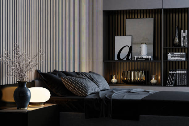 istock Luxurious Black Bedroom with Modern Lighting and Stylish Shelving 2204039467