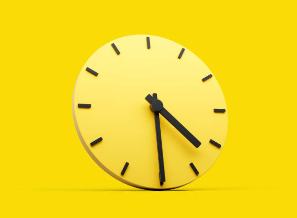 istock 3d Simple Yellow Round Wall Clock 4:30 Four Thirty Half Past 4 On Yellow Background 3d illustration 2204064903
