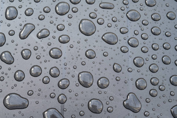 Macro Shot Of Water Droplets On Dark Waterproof Surface Creating Hydrophobic Effect With Reflections Perfect For Backgrounds Liquid Resistance Technology Abstract Moisture And Rain Concept