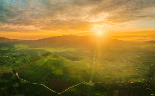 Drone view sunrise on Chu Dang Ya volcano, Gia Lai province, central highlands Vietnam