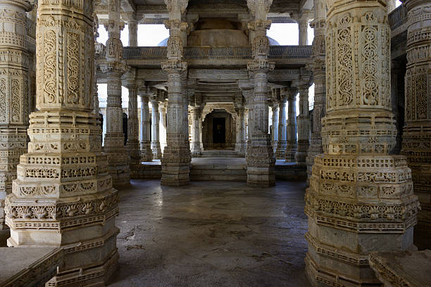 Ranakpur Adinath Jain Temple Interior with Intricate Carved Columns in Rajasthan, India