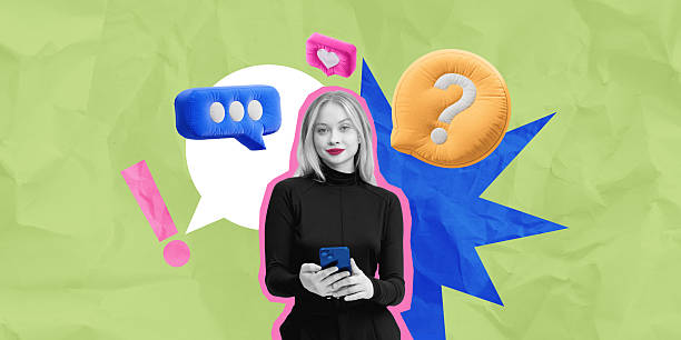 istock Woman using smartphone with speech bubbles on textured backgroun 2204096535