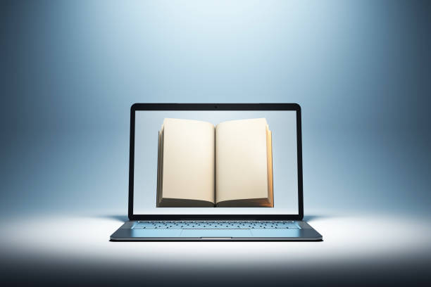 Open book on laptop screen with spotlight on gradient background. Concept of online learning, digital education, and e-library. 3D Rendering